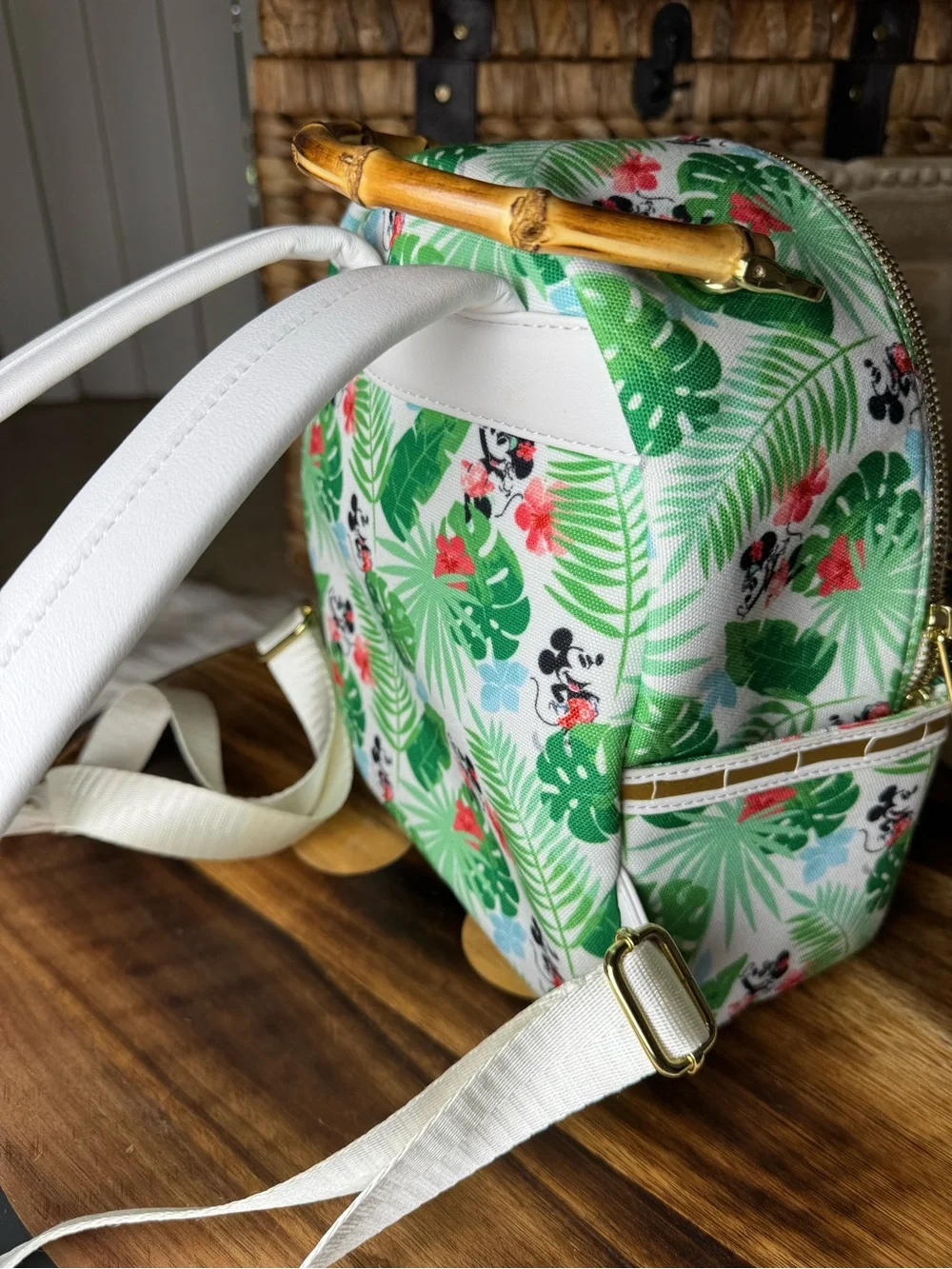 Disney White & Green Tropical Mickey Mini Backpack with Bamboo Handle